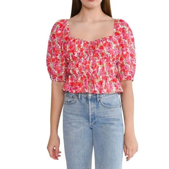 NWT WAYF Avra Sweetheart Neck Peplum Top in Red, Pink Floral - Size XL - Picture 1 of 8